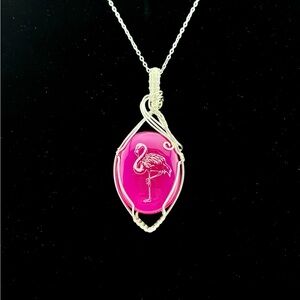 HAND CRAFTED Flamingo Etched Pink Onyx Silver Plate Wire Wrap Pendant Necklace